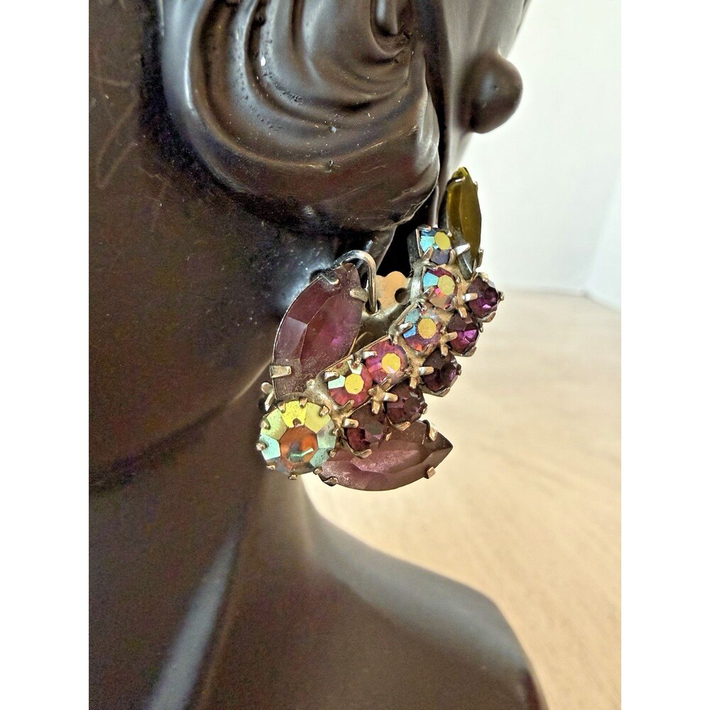 Vintage D&E Juliana Green Aurora Borealis Rhinestone Climber Clip On Earrings